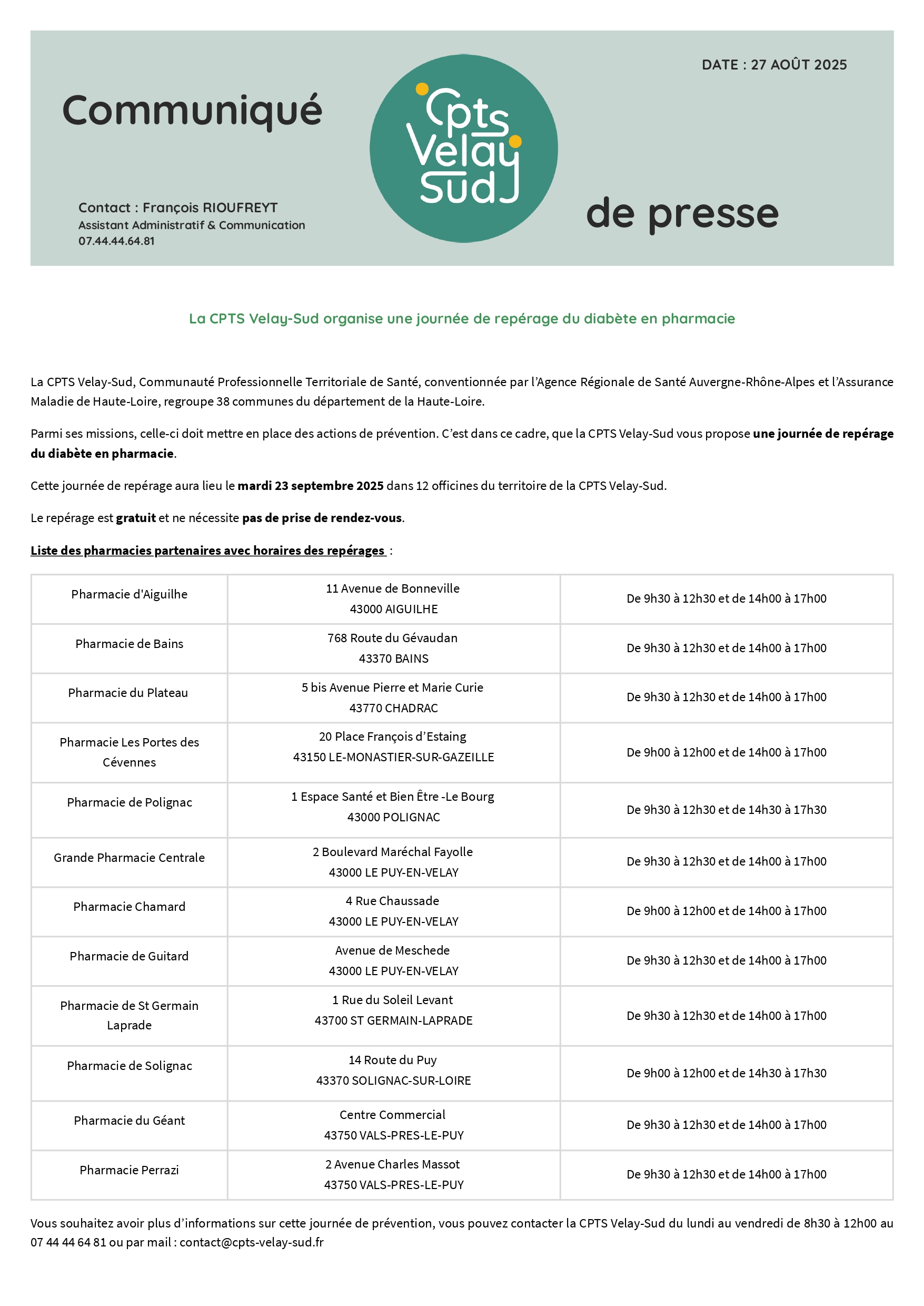 Mardi 23 septembre 2025, journée de repérage du diabète en pharmacie. Prenez en main votre santé.