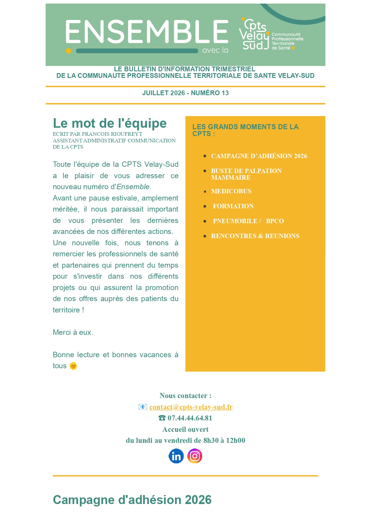 Ensemble , la lettre électronique de la CPTS Velay-Sud.